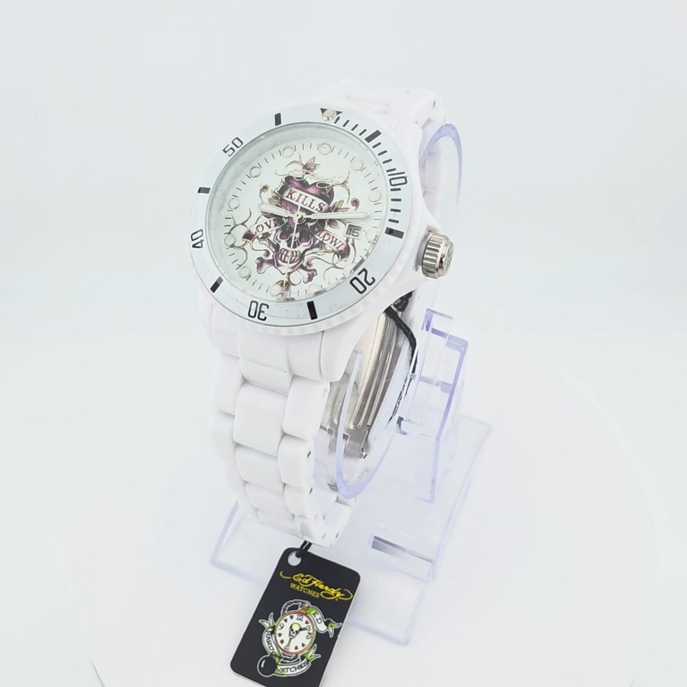 New! ED HARDY VIP Men's Watch Skull Tattoo Unidirectional Bezel White Band 8.75"